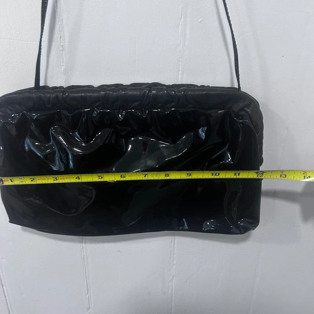 Vintage Black Patent Leather Ruched Frame Shoulder Bag Clutch Evening Purse